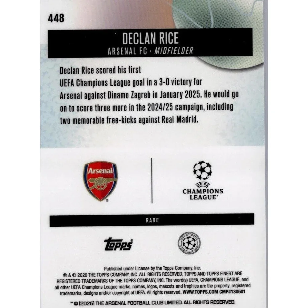2026 Topps Finest UEFA #448 Declan Rice, Arsenal FC Blue Refractor/ 99